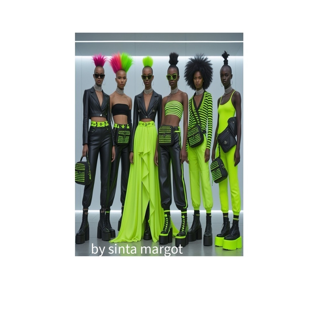 HANDCRAFTED digital art print Vibrant Neon Green and Women in Jumpsuits by me